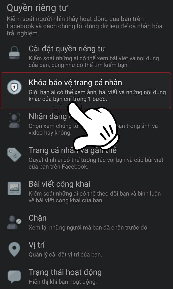 Hình ảnh: Click vào Khóa bảo vệ trang cá nhân