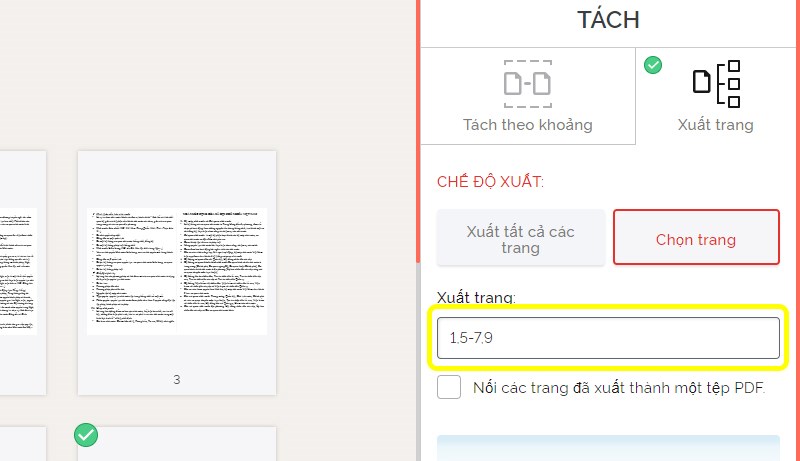 Cắt file với tùy chọn Chọn trang