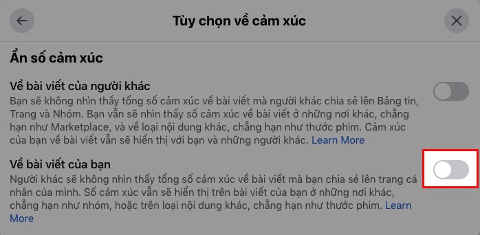 Hình ảnh: Gạt công tắc để ẩn lượt like 