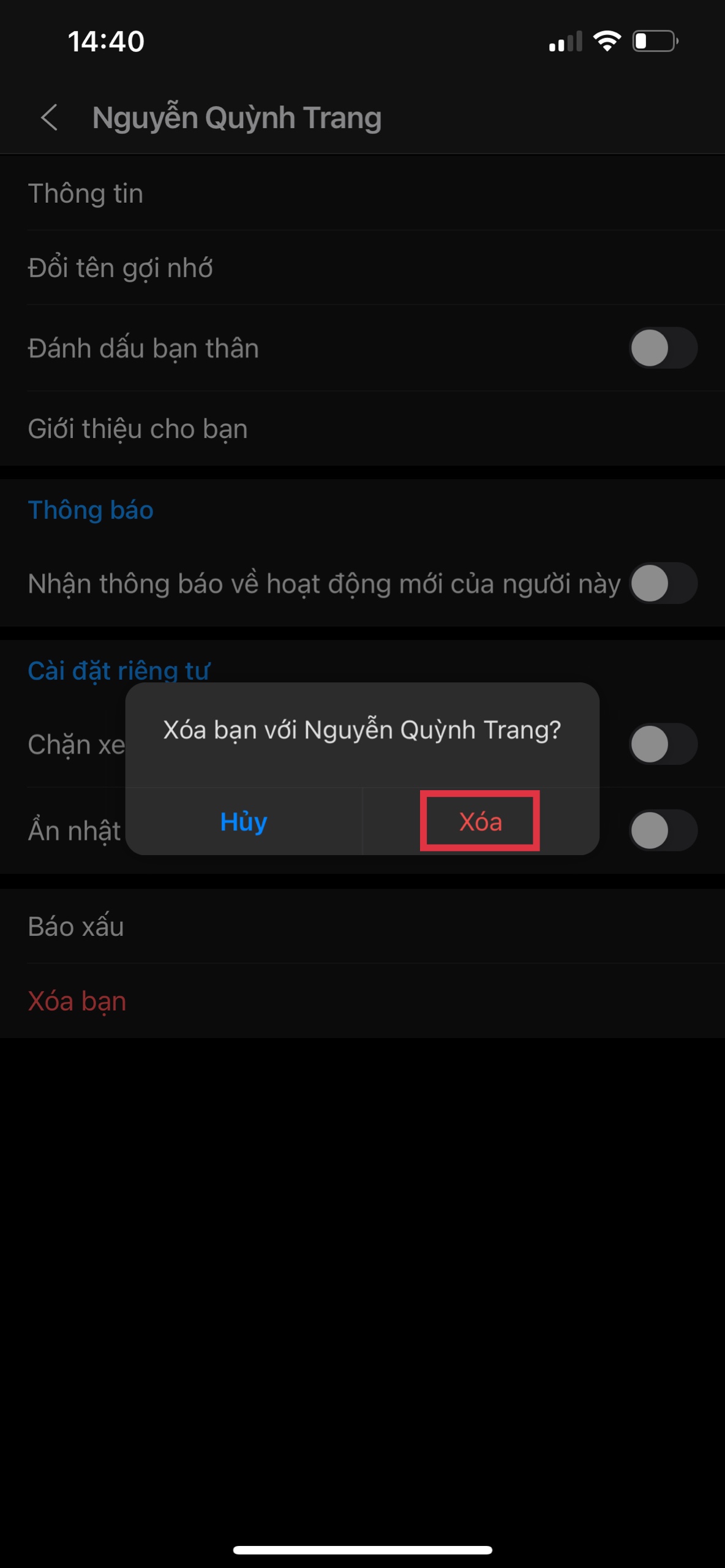 Hình ảnh: Xác nhận xóa bạn bè Zalo