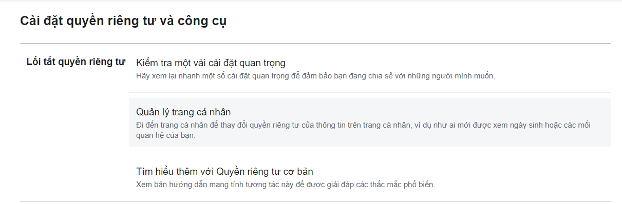 Hình ảnh: Mục Cài đặt quyền riêng tư & Công cụ trên Facebook