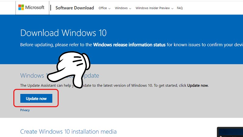 Hình ảnh: Truy cập vào trang web hỗ trợ của Microsoft và click vào Update Now