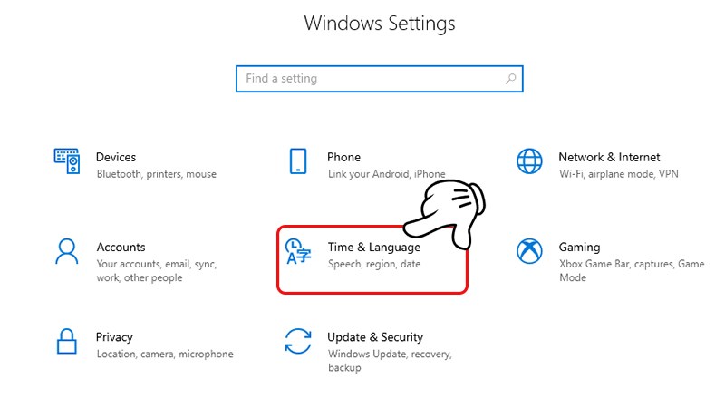 Hình ảnh: Chọn Time & Language (Giờ & Ngôn ngữ)