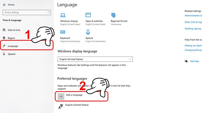 Hình ảnh: Chọn Add a preferred language (Thêm ngôn ngữ)
