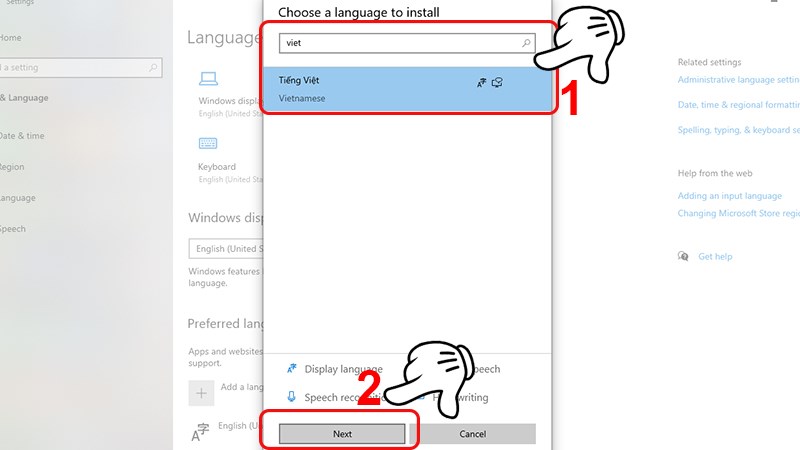 Hình ảnh: Trên thanh tìm kiếm > Tìm Tiếng Việt >nhấn Next