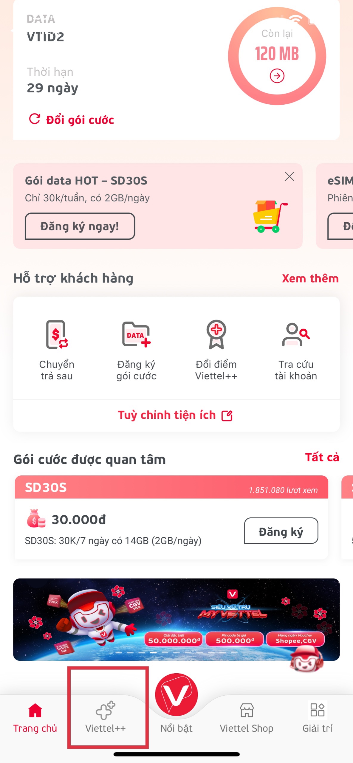 Hình ảnh: Giao diện chính của My Viettel 